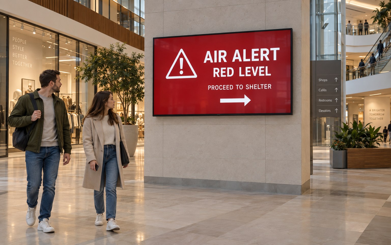 Illustration of a shopping centre display showing a red-level air raid alert