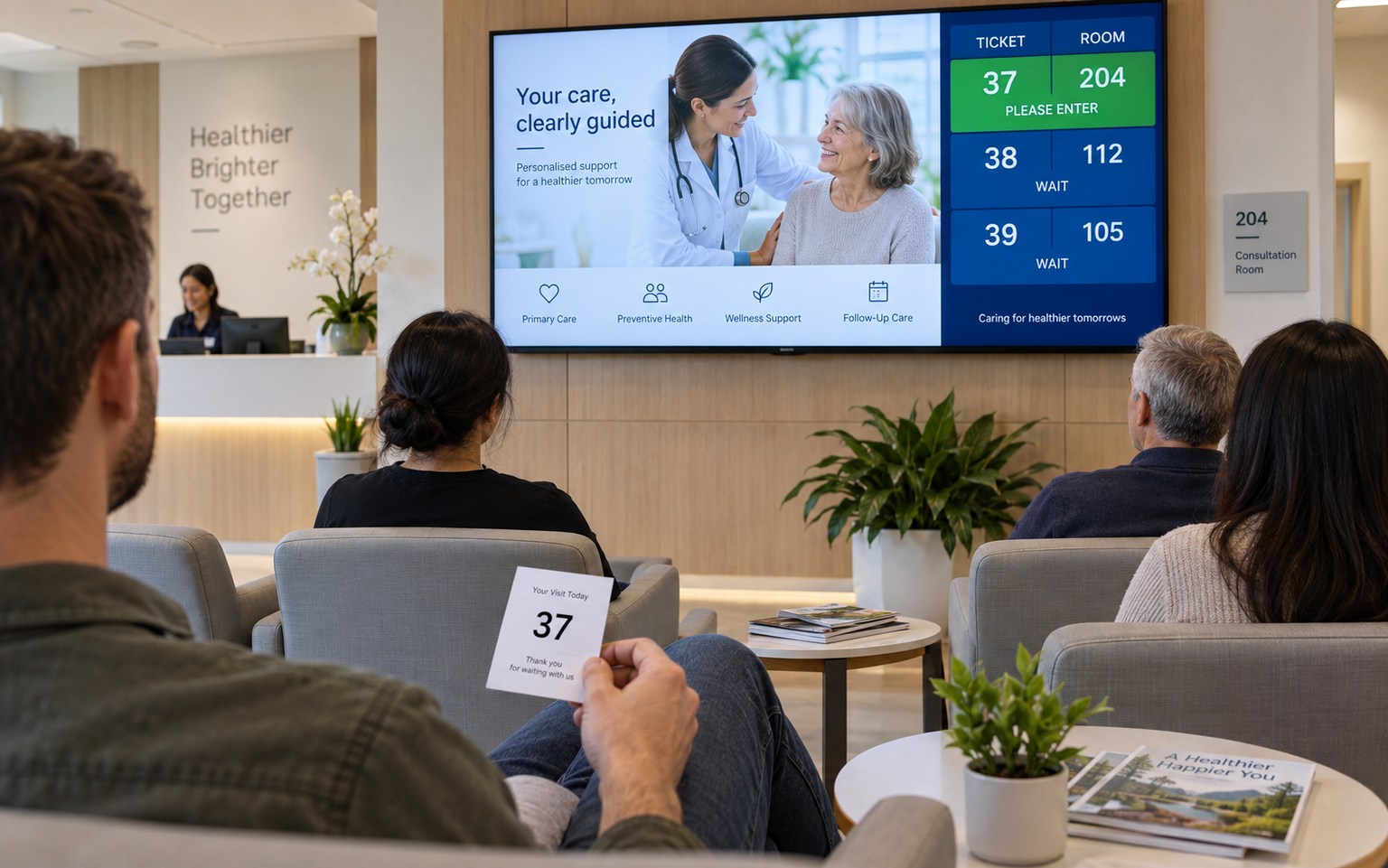 Waiting-area screen combining clinic information and an electronic queue