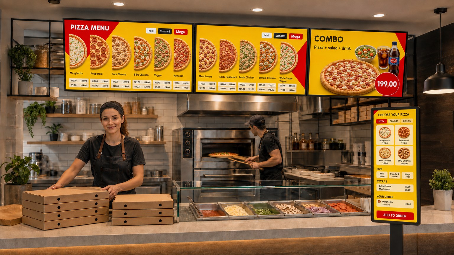 Three 16:9 digital menu screens and a self-order touch terminal on a separate stand in a pizzeria