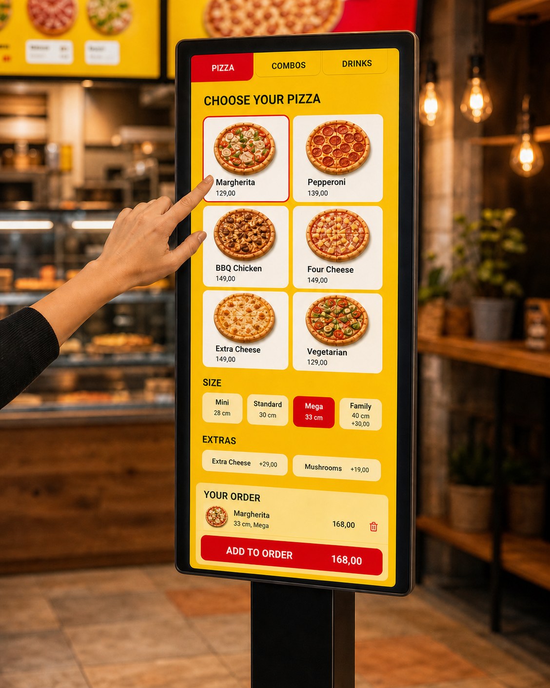 A guest's hand selects a pizza on a self-order touch terminal