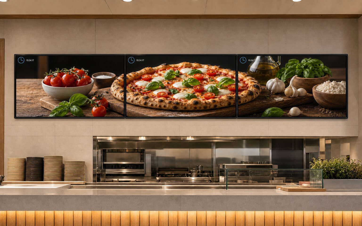 Single synchronized digital menu composition on three identical 16:9 screens