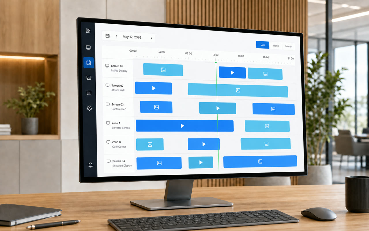 Horizontal timeline with content in shades of blue for multiple screens