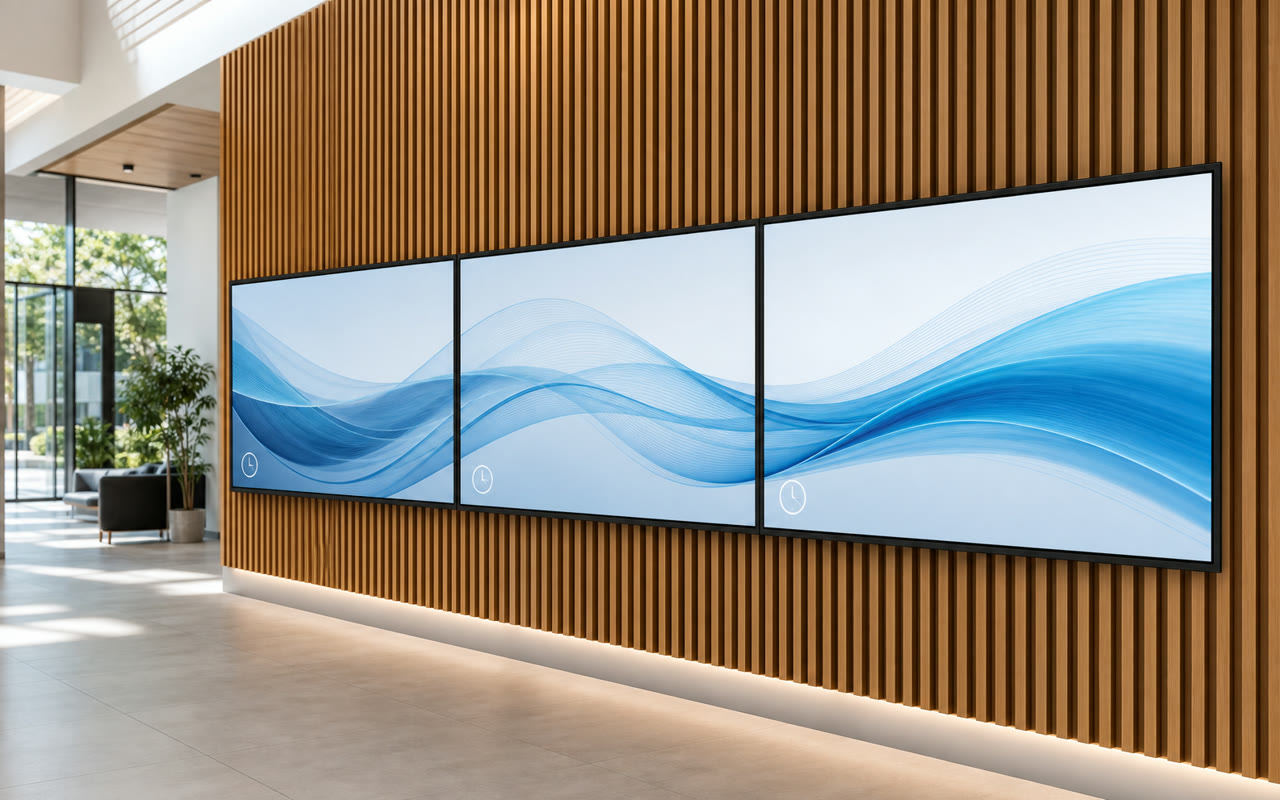 Synchronous playback of a single composition on three screens